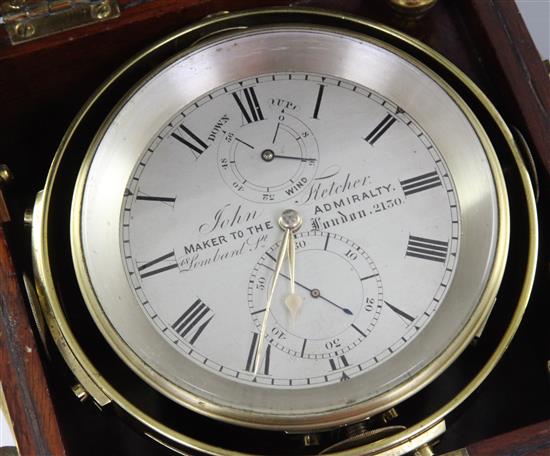 John Fletcher of London. A late 19th century brass mounted mahogany 2½ days ships marine chronometer, 7in.